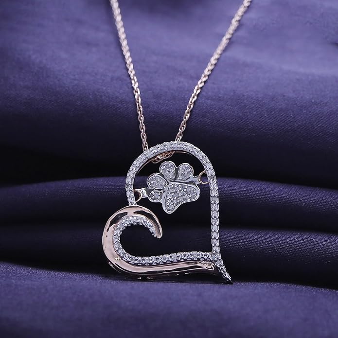 AFFY Paw Print Dog Cat Heart Pendant Necklace, 925 Sterling Silver & 10K Solid Gold Natural Diamond, Two Tone Heart Necklace for Pet Lovers, Elegant Silver Gift for Her
