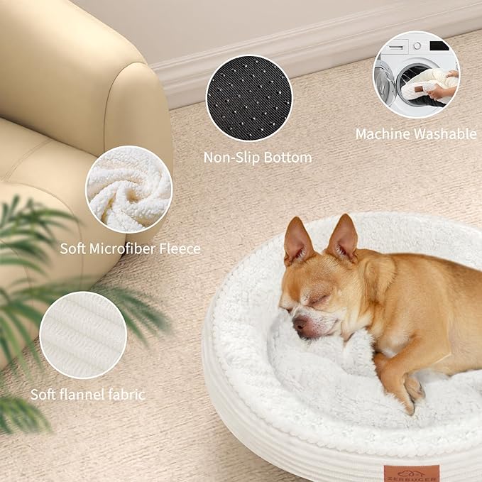 30in Cream Round Cat Dog Bed for Large Medium Small Dogs Cats, Machine Washable Sleeping Sofa, Non-Slip Bottom Breathable Soft Calming Pet Cuddler for Indoor/Outdoor/Car/Cage, Fit up to 45lbs
