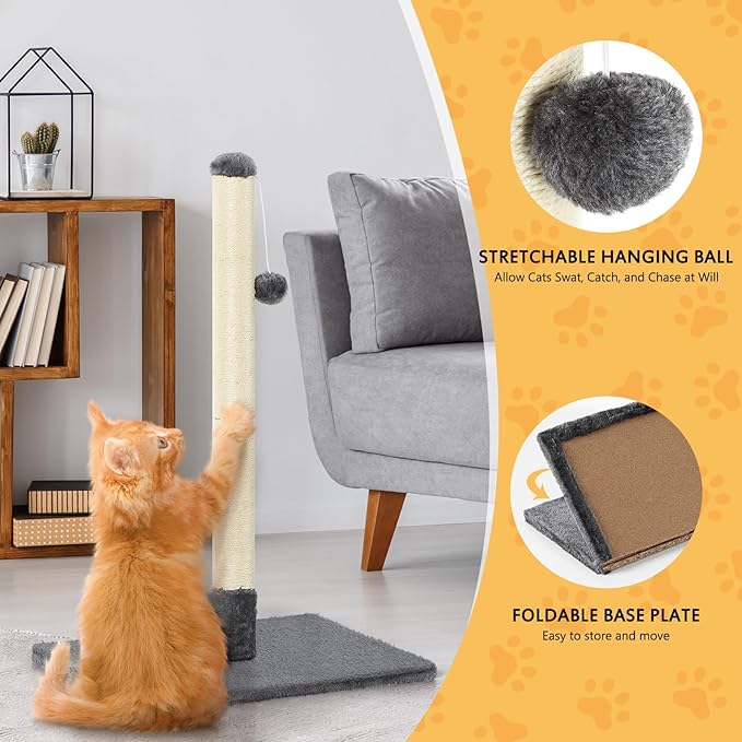 32" Tall Scratching Posts for Indoor Cats Adults Cat Scratchers with Interactive Hanging Toy Ball Cat Scratch Furniture Protector Scratcher Post with Stable Heavy Base, Dark Grey