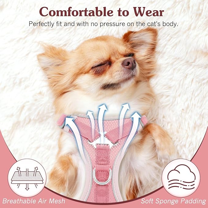Cat Harness and Leash Set for Walking, Adjustable Kitten Vest Harness with Reflective Strip Breathable Mesh, Escape Proof Soft Pet Safety Vest for Cats, Kittens, Puppies, L, Pink