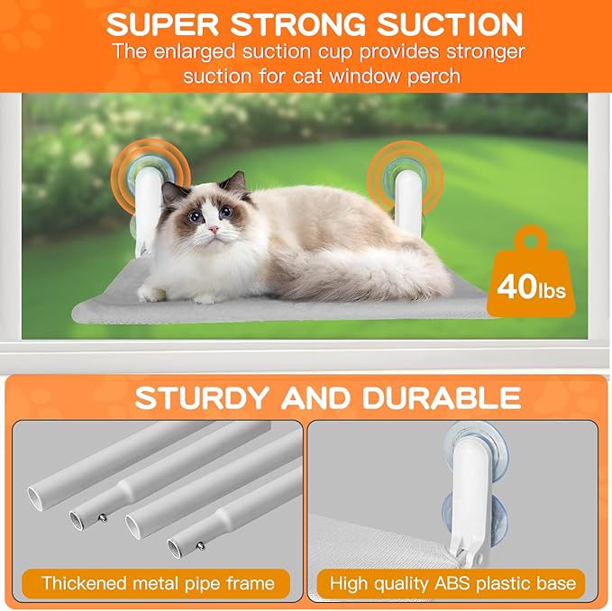 Cat Window Perch, Foldable Cat Window Bed with 4 Strong Suction Cups, Cordless Cat Hommack for Window Sill, Sturdy Metal Cat Window Seat Shelf for Indoor Cats with Reversible Cover(Grey)