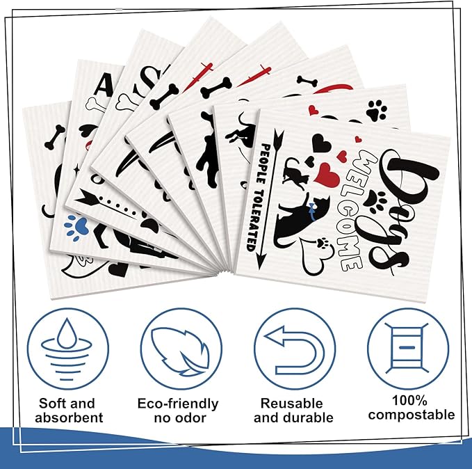 8 count Swedish Kitchen Dishcloths Towels Reusable Swedish Absorbent Sponge Cleaning Dish Cloths Quick Drying Kitchen Washable Decorative for Animal Lover Gifts for Women Hand Towel(Dog)