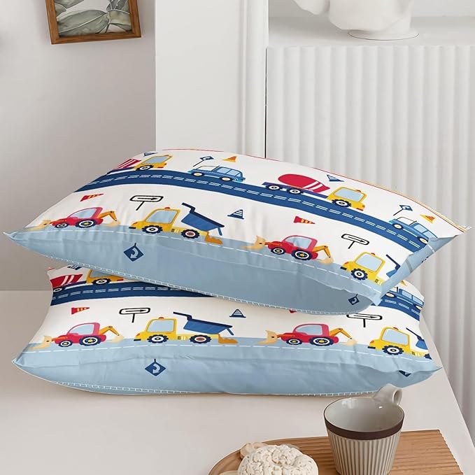 Axolotl Cartoon Cars Comforter Set Queen,Vehicle Bedding Set,Kids Excavator Comforter Set,Construction Bedding Equipment Trucks Comforter Sets for Kids Boys Girls Teens,1 Quilt 2 Pillowcases,Blue Red