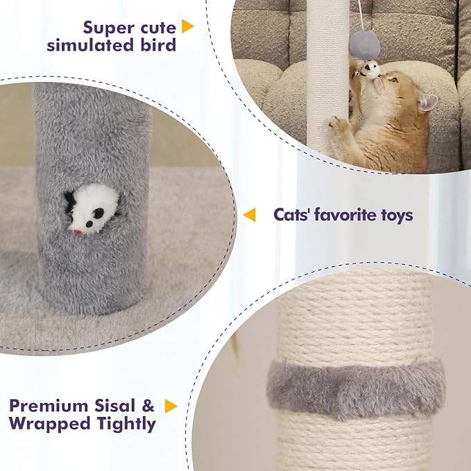 Cat Scratching Post with Premium Sisal Rope for Indoor 34in Tall Scratcher Post Tree with Mouse Hole, Hanging Ball for Adult Cats and Kittens