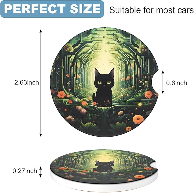 2 Pack Car Cup Holder Coaster, 2.63 inch Anti Slip Insert Absorbent Ceramic Car Coaster with Cork Base and Finger Notch, Cute Car Accessories Interior for Women, Cute Car Coasters., CH0025