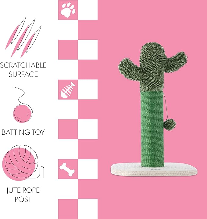 CTR1000A Pecos 21" Modern Jute Cactus Cat Scratching Post with Fuzzy Toy, Green/White