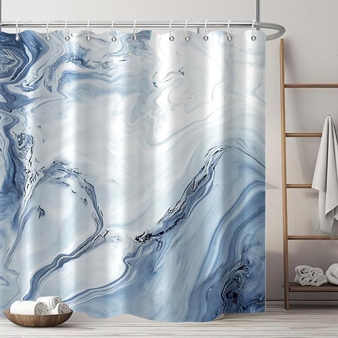 AWERT Blue Marble Shower Curtain Waterproof Shower Curtain for Bathroom Decor Printed Washable with Hooks 72x78 Inch