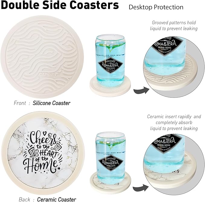 6-Pack Silicone Coasters with Deep Tray Holder - Double-Sided Drink Coasters - Beverage Mats for Hot or Cold Drinks - Thick, Non-Slip, Non-Stick Silicone with Ceramic Insert