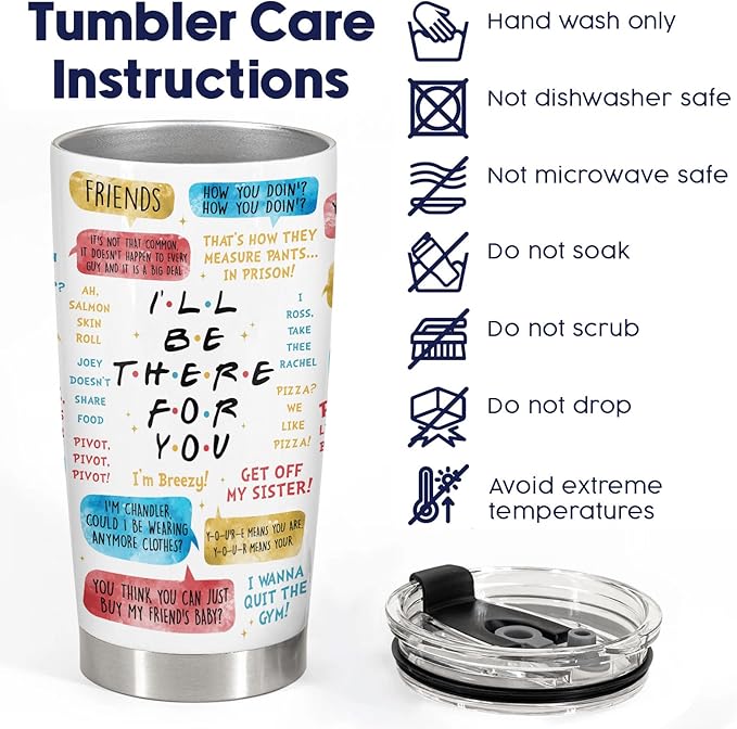 34HD Friends TV Show Tumbler 20oz – I'll Be There For You Quote – Insulated Stainless Steel Travel Mug for Hot and Cold Drinks – Funny Gift for Women and BFF Fans