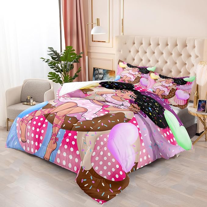 African American Girl Comforter Set Black Girl Comforter Set Princess Bedding w/ Donut Girl Prints Kids Comforter Sets Gifts Girls Bedroom Decor Pink Full Size Quilt Sets w/ 2 Pillowcases
