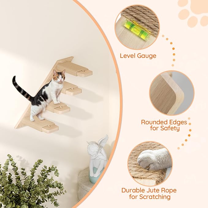 HOOBRO Cat Wall Shelves Set of 2, Wood Wall Mounted 4-Level Cat Ladders, Cat Climbing Shelves with Jute Scratching Steps, Cat Wall Climber Furniture, for Cat Perches and Platforms, Nature NL42CS03