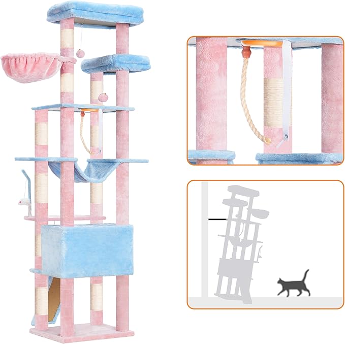 Heybly Tall Cat Tree,78 inch Multi-Level Cat Tower for Indoor Cats,2 Widened Plush Perches Cat Condo with Scratching Board and Big Caves,Blue and Pink HCT033BP