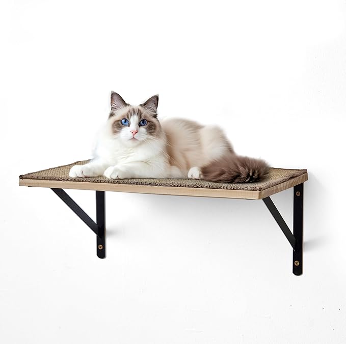 Cat Wall Shelves, 40 x 25 x 1.2 cm Pine Board with Sisal Mat, Iron Bracket, Linen Mat, High-Resolution Floating Wall Shelf, Cat Perch for Sleeping, Playing, and Scratching, 1.2 kg Set