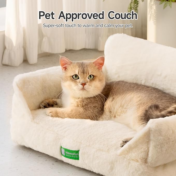 MEWOOFUN Cat Couch Bed for Indoor Cats, Fluffy Cat Sofa with Removable Washable Cover, Cute Cat Bed with Non-Slip Bottom, Pet Beds for Cats and Pups(White,S)