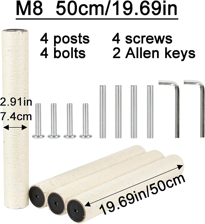 4 PCS 7.4cm 2.91in Diameter Cat Scratching Post Replacement Sisal Pole (50cm/19.69in, M8)