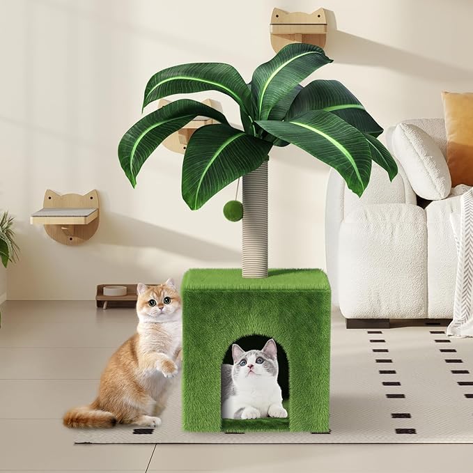 Cat Scratching Post with Condo, Palm Cat Tree Tower Natural Sisal Cat Scratcher Cat Bed Cat Furniture for Kittens and Cats