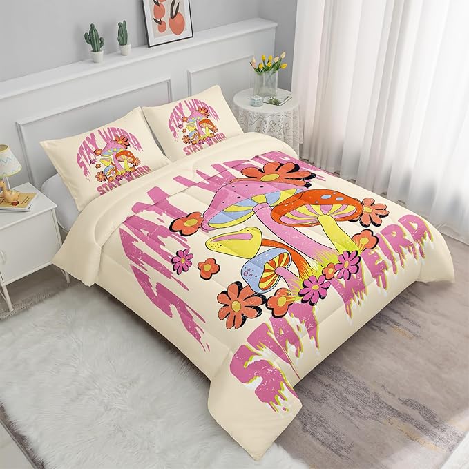 Axolotl Cartoon Mushroom Comforter Set Queen,Colorful Mushrooms Bedding Girls Bedding Set,Floral Comforter Set Red Pink Flower,Cute Mushroom Bedding Set For Kids Boys Girls Teens,1 Quilt 2 Pillowcases