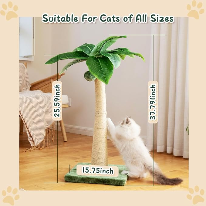 37 Inches Cat Scratching Post, Large Cat Scratching Post, Sisal Scratcher with 3 Hanging Pompoms for Indoor Cats (Short Square Base)
