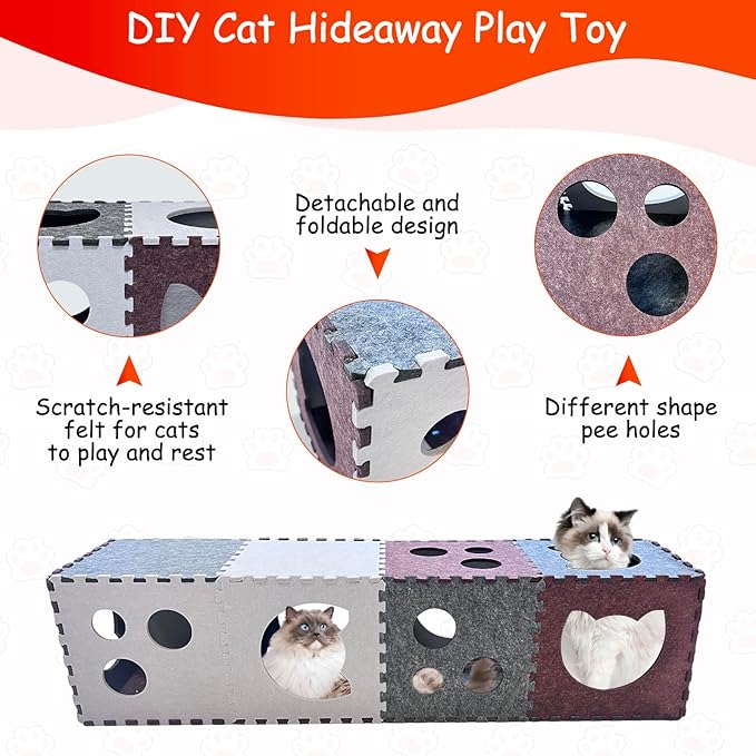 18 PCS Cat Tunnel for Indoor Cats,DIY Transformable Cat Hideaway Cave,Kitten Play Tubes and Tunnels,Felt Peekaboo Cat Toy with Interactive Peek Holes