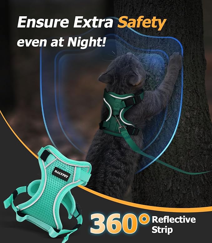 Halypet Cat Harness and Leash Set [MAX Safety 4th-Gen Upgrade] Escape Proof Adjustable Cat Leash Comfortable Soft Vest Easy to Wear Kitten Harness with Reflective Strip for Cats Walking, XS Green