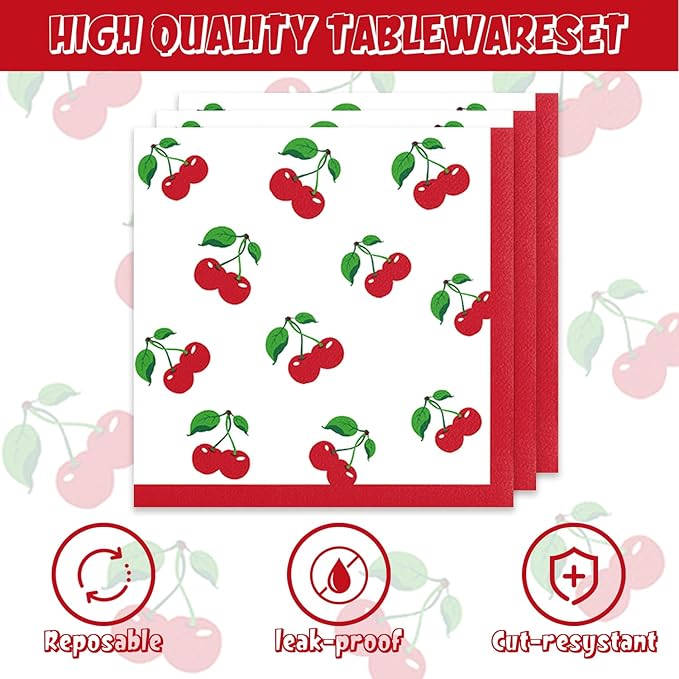 48Pcs Cherry Birthday Decorations Fruit Theme Tableware Set Disposable Plates Napkins Forks Serves 16 Baby Shower Cherry Party Decorations