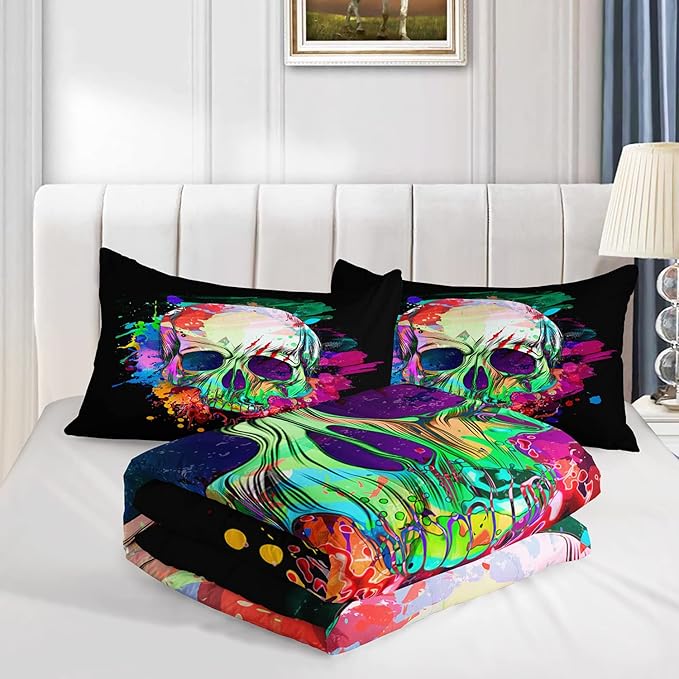 AILONEN Skull Comforter Set for Teen Boys, Skull Pattern Printed Bedding Sets,Skeleton Theme Bed in a Bag Quilted Duvet Queen Size,1 Comforter 2 Pillowcases 3 Piece