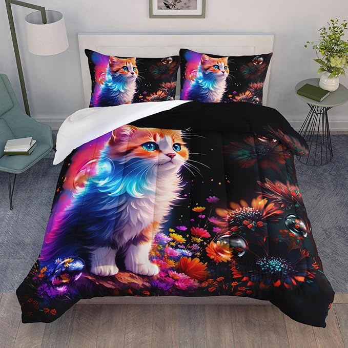 AILONEN Girls Cat Comforter Set Twin Size, Cute Orange Cat Kawaii Bedding Set for Kids Boys,Botanical Floral Daisy Duvet Set 3 Pieces, 1 Quilt and 2 Pillowcases