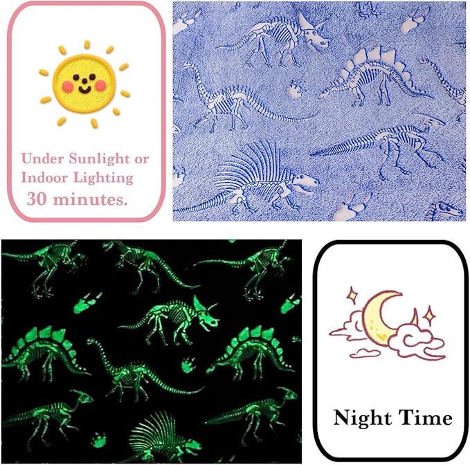 2025 Best Gift Dinosaur Gifts Toys for Kids Boys, Dinosaur Fossil Pattern Blanket Glow in The Dark Throw Blanket, Soft Plush Kids Blanket, Fun Dinosaur Theme, Birthday Gift, 50"*60", Blue