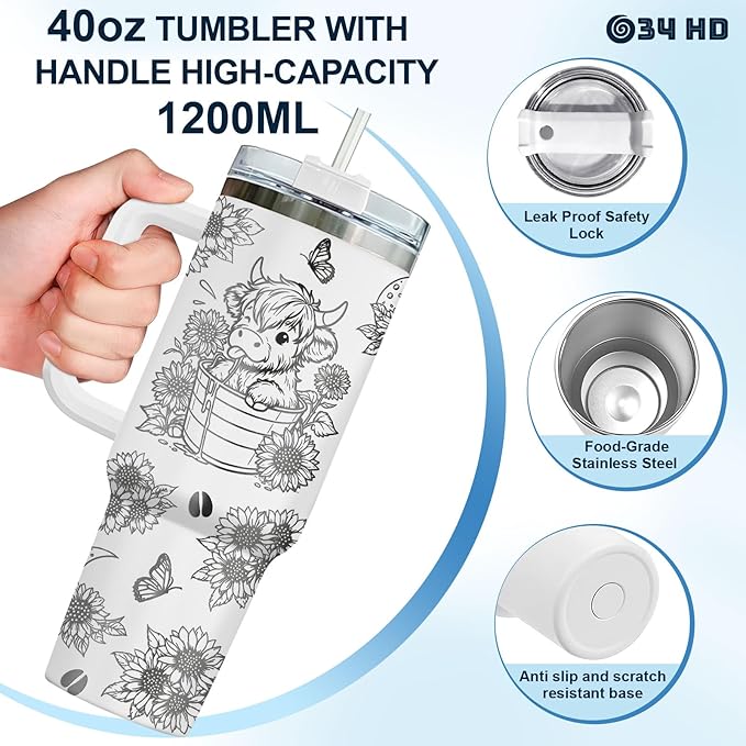 34HD Engraved Cow Tumbler with Handle and Straw, 40oz Insulated Animal Cup, Cute Moo Cattle Coffee Mug, Funny Gifts for Cow Lovers, Cow Print Stuff
