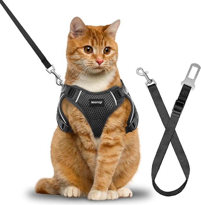 Cat Harness, Cat Car Harness and Leash for Walking, Escape Proof Soft Adjustable Vest Harnesses for Cats, Easy Control Breathable Reflective Strips Harness, Kitten Harness and Leash Set, Black, S