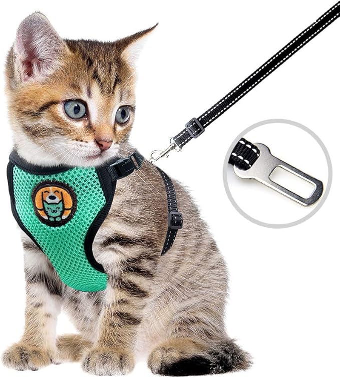 Reflective Kitten Harness and Leash Escape Proof with Car Seat Belt, Adjustable Cat Puppy Walking Jacket with Metal Leash Ring, Soft Breathable Small Pet Vest (S)