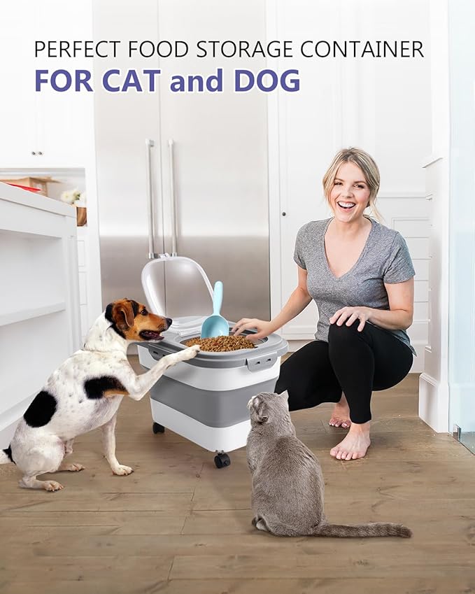 ANVS Airtight Collapsible Pet Food Container With Casters, Scoop and Small Container - Keeps Up To 20lbs Dry Dog Food Fresh (Grey)