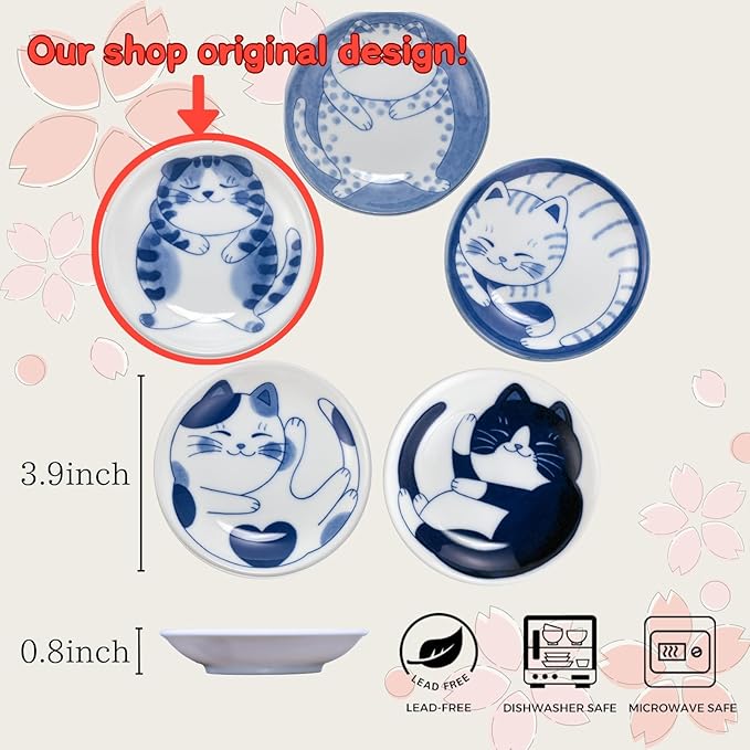 5 Piece Set of Microwave & Dishwasher Safe Cat Design Small Plates - Perfect for Sushi & Desserts, Set of 5, Sprawled Cat