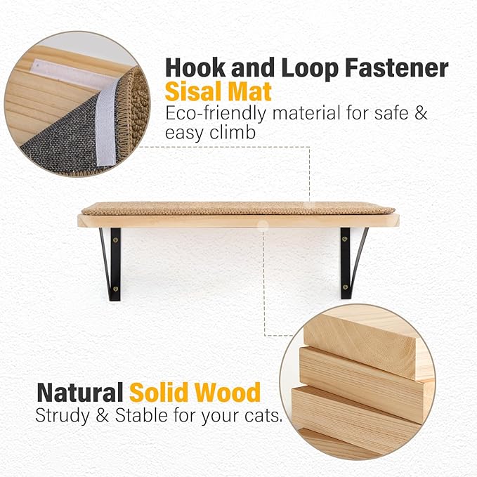 2Pack Wooden Cat Wall Shelves with Sisal Mat,16x9.8 Inch Cat Wall Steps Cat Bed for Sleeping,Scratching and Playing.