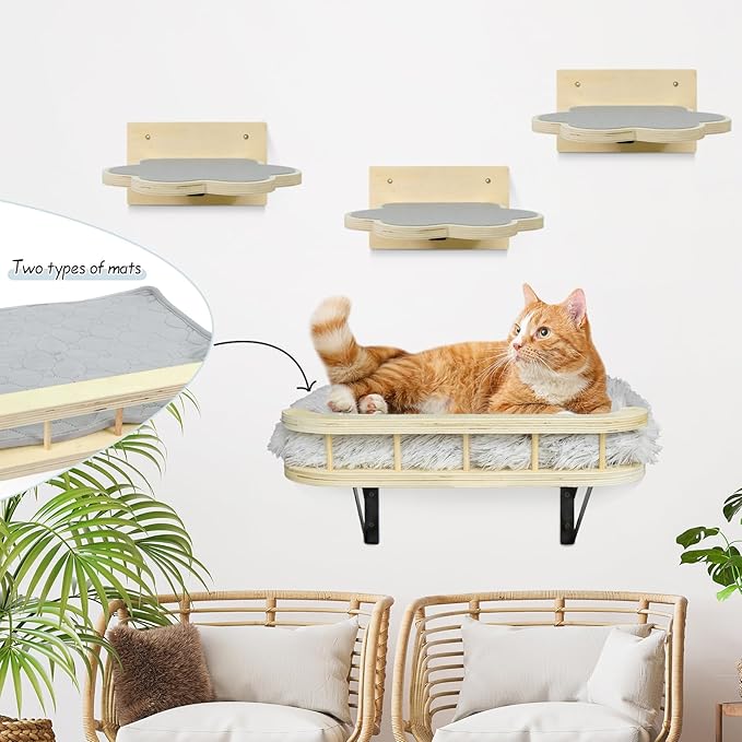 Cat Wall Shelves with Cooling Mat and Plush Cushion, Cat Shelves and Perches for Wall with 3 Wall Steps, Cat Wall Furniture Cat Climbing Shelf Cat Scratching Post for Sleeping, Playing, Gift for Cat