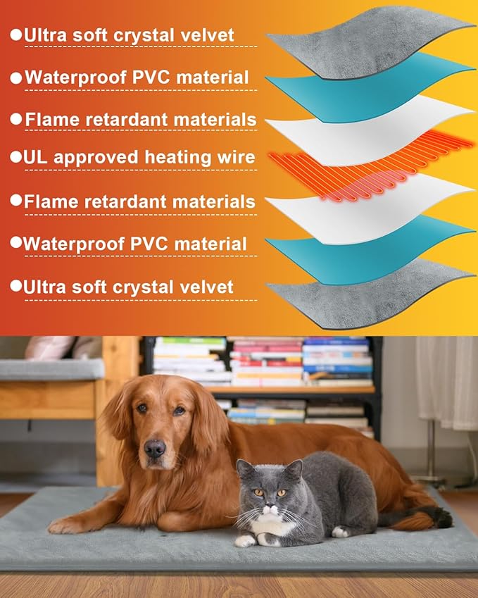 Outdoor Pet Heating Pad for Cat & Dog, Indoor Warming Heated Mat Pad, Adjustable Waterproof Heated Dog Cat Bed with 6 Temperature & 5 Timers Set Auto Off, Pet Heater Warmer Blanket