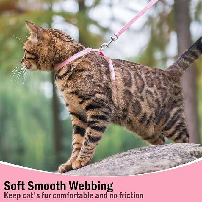 PUPTECK Adjustable Cat Harness and Leash Set Escape Proof Kitten Strap Collar for Walking Travel, Pink, M
