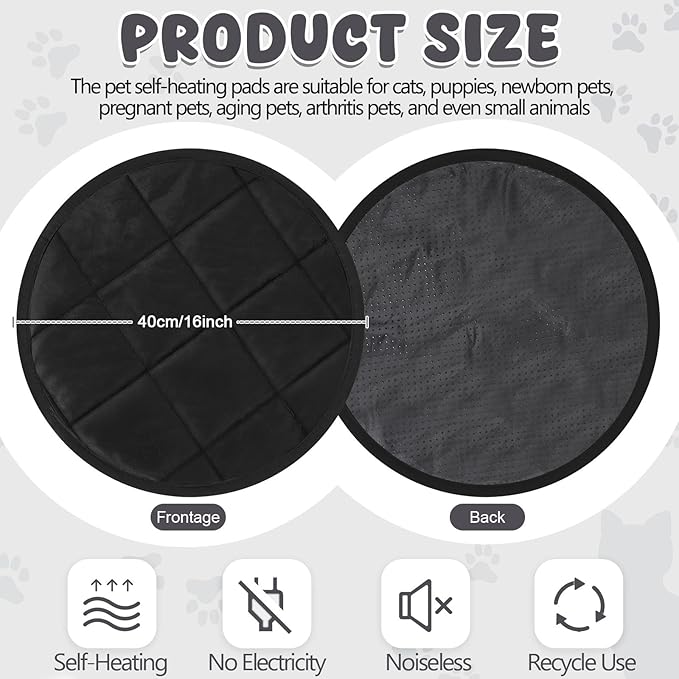 2 Pcs Cat Heating Pad Round 16 Inch Self Heating Cat Mat Washable Heated Cat Bed Anti Slip Cat Warming Pad Pet Bed Mat for Kennel Dog Crate Indoor Outdoor (Black,16 Inch)