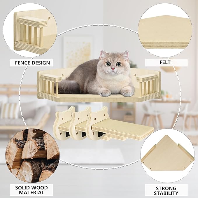 Cat Wall Shelves, Corner Cat Shelves and Perches for Wall, Cat Wall Furniture Cat Shelf with 3 Steps, Wall Mounted Cat Hammock Cat Bed with Plush Covered, Wood Cat Climbing Shelf for Indoor