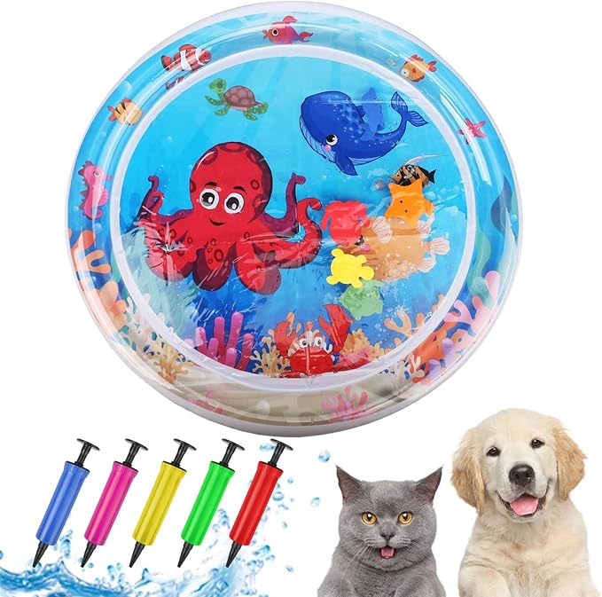 Interactive Sensory Water Play Mat for Cats & Kids - 2024 Cool Comfort Inflatable Tummy Time Mat with Thickened Water Sensor Technology (Round)