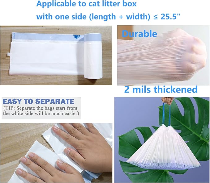 100 Count Cat Drawstring Litter Box Liners 26.6x16.7 inches 2Mils Super Thick White Cat Litter Waste Bags Poop Bags for the litter robot 4, 3 Cat Litter Pan Trays (Blue Drawstring 100 count)