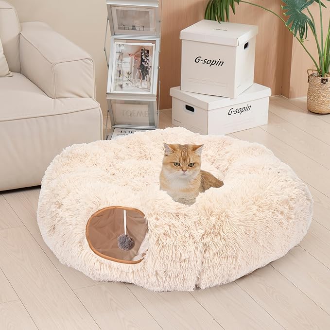 Avont Cat Tunnel Bed with Central Washable Cushion - Large Cat Tunnel Tube Toys 3 Shape to Play for Indoor Cats Kittens Puppies Ferret, Round Plush Fluffy Cat Bed with Tunnels -Beige