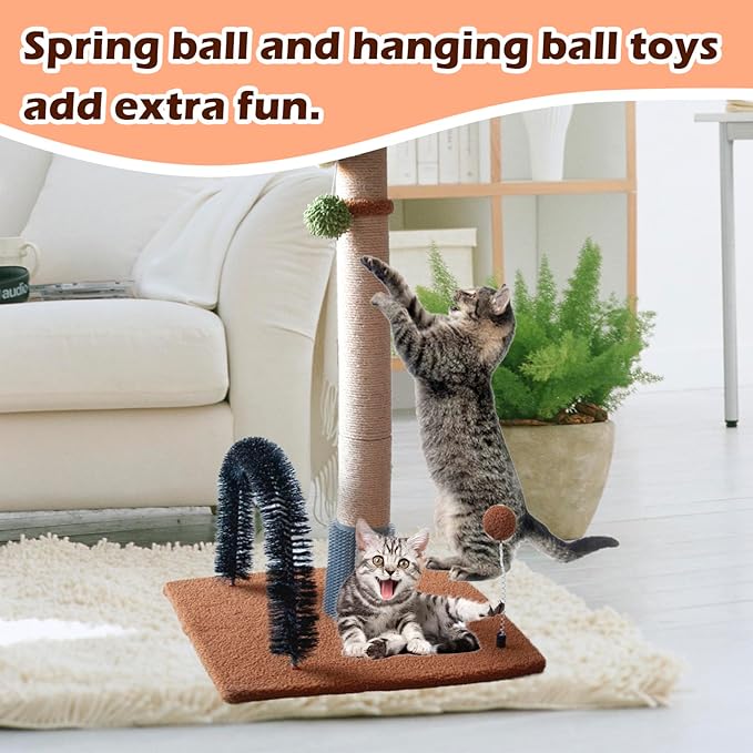 29.5" Tall Cat Scratching Post, Natural Sisal Scratching Posts with Self Groomer for Indoor Large Cats Kitten Scratch Posts with Hanging Ball and Spring Ball for Adult Cats Kittens Kitty(Coffee)