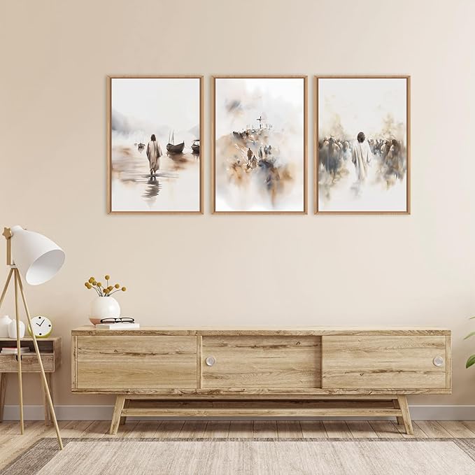 Ausril Jesus Framed Canvas Wall Art Set,Christian Bible Wall Decor, Minimalist Boho Christian Wall Painting, Retro Christmas Generic The Cross Art Prints for Living Room Bedroom, Church -24"x36"x3