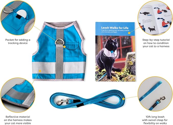 CAT SCHOOL Cat Harness and Leash Set for Outdoor Walks, Training, and Travel - Secure, Soft, Comfortable Cat Vest Harness with 10' Long Cat Leash - Easy to Use with Step-by-Step Instructions M/L
