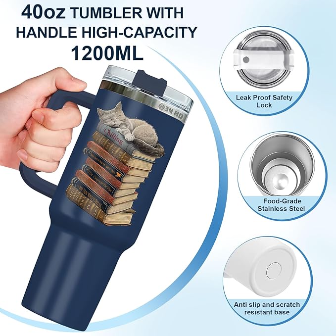 34HD Cat Coffee Tumbler with Handle & Straw, 40 oz Stainless Steel Vacuum Insulated Cat Book Travel Mug, Birthday Christmas Mothers Day Gifts for Pet Lovers Women Mom Librarian Her