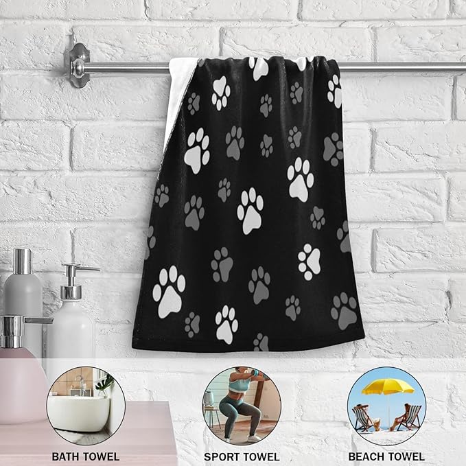 2 Pack Black White Grey Hand Towels for Bathroom,Soft Absorbent Dog Cat Paw Gray Towels for Kitchen,Cute Animal Pet Footprint Decorative Guest Bathroom Towels for Bath,Face,Shower,Gym 14"x28"
