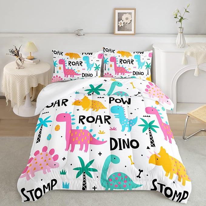 Axolotl Girls Bedding Cartoon Dinosaur Comforter Set Queen Size,Cute Dinosaur Bedding Set for Girls Teens Kids Boys Adults Room Decor,Kids Comforter Set All Season,1 Quilt 2 Pillow Cases,White