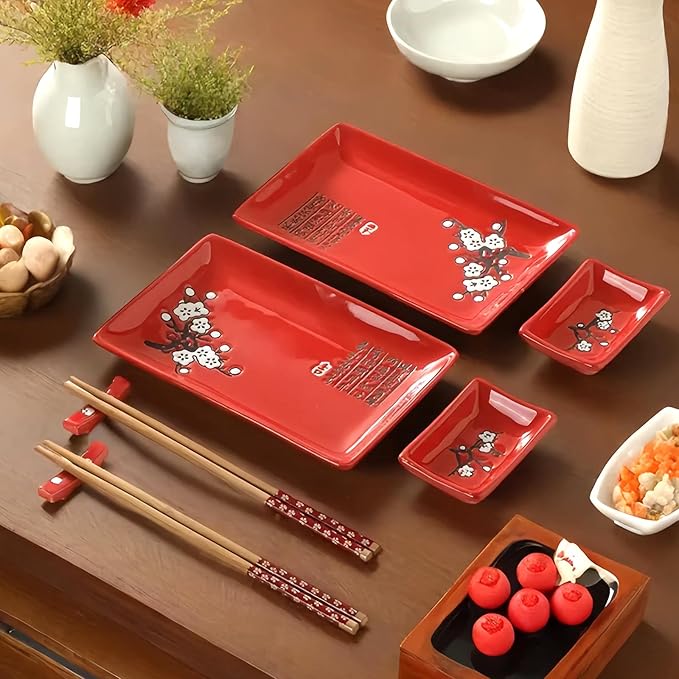 8 pcs Japanese Sushi Plate Sets Serving Platters and Trays for Entertaining Sushi Dishes Set Plates Sushi Plates Traditional Cuisine Dinnerware Sets with Chopsticks Red Plum