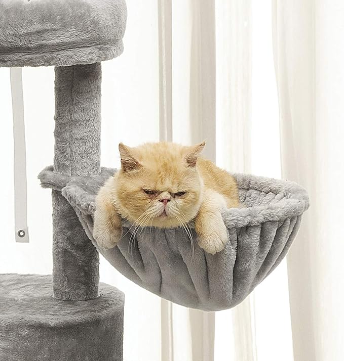 Hey-brother Cat Tree with Scratching Board, Cat Tower with Padded Plush Perch and Cozy Basket, Multi-Platform for Jump, Light Gray MPJ005W